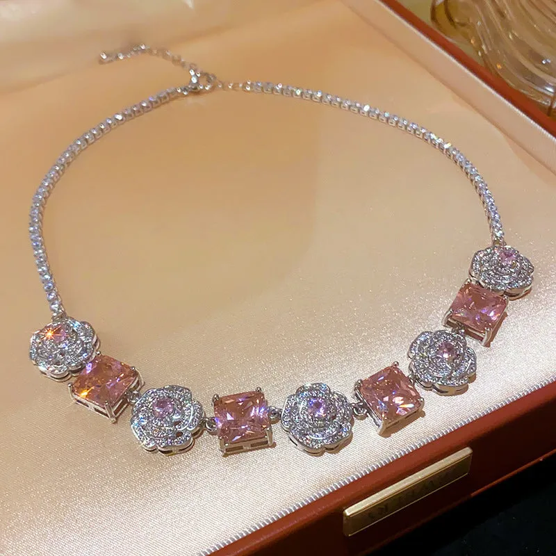 French flower square zircon necklace copper pendant clavicle chain silver-pink 41-50cm