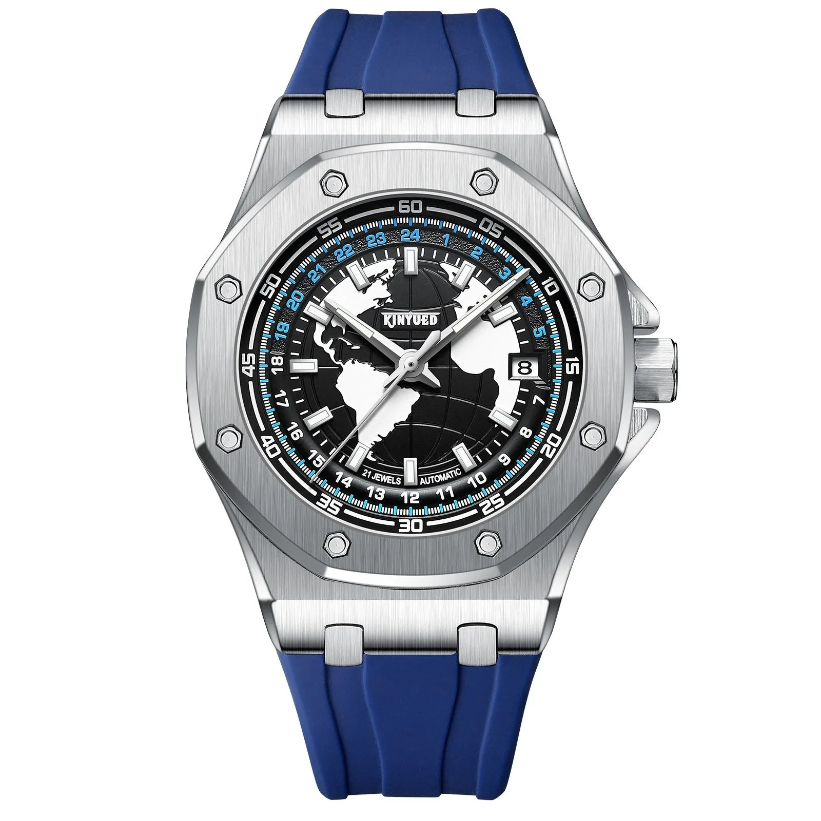 Automatic men's hollow mechanical watch with round alloy case, stainless steel strap, and mineral glass face on white background