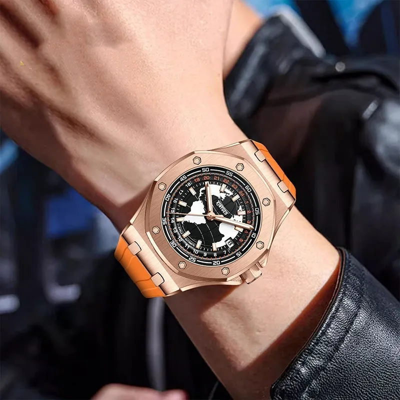 Automatic men's hollow mechanical watch with round alloy case, stainless steel strap, and mineral glass face on white background