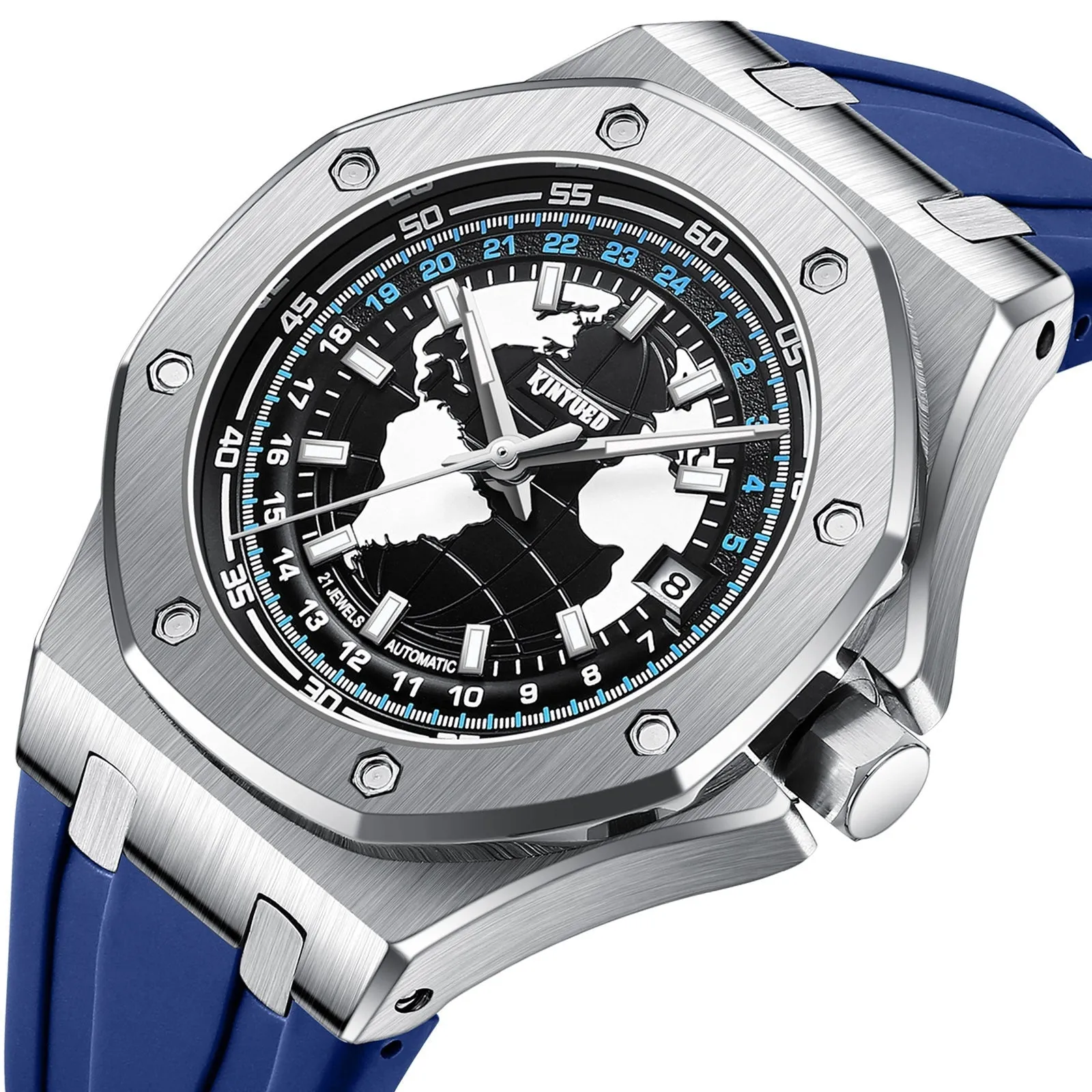 Automatic men's hollow mechanical watch with round alloy case, stainless steel strap, and mineral glass face on white background