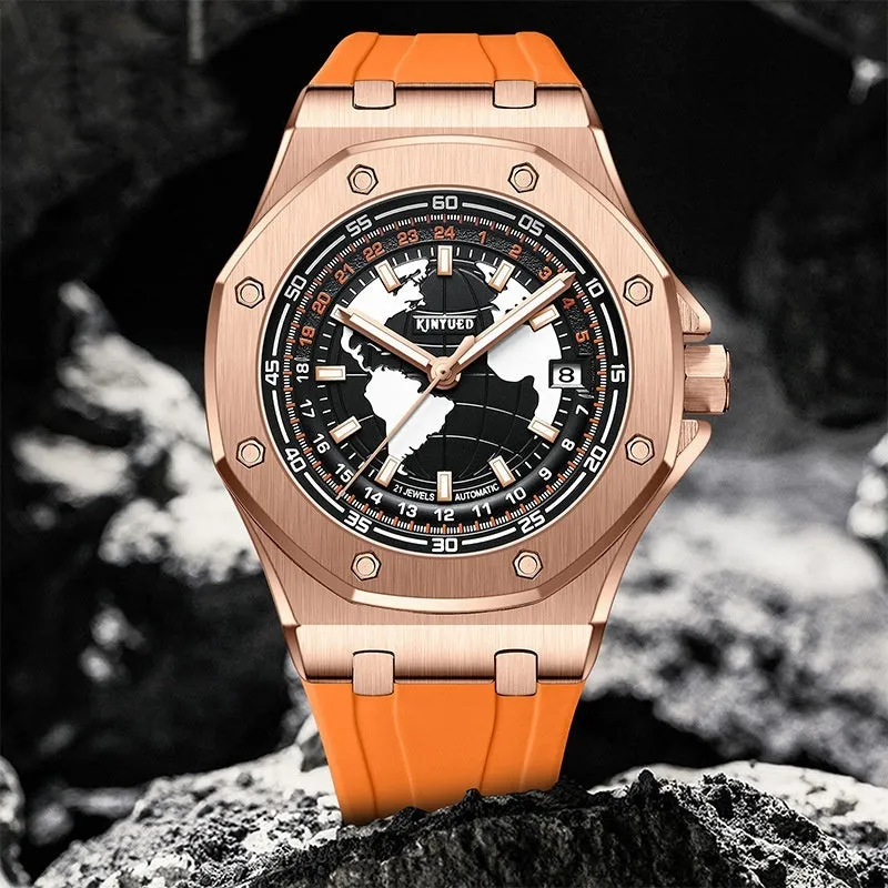 Automatic men's hollow mechanical watch with round alloy case, stainless steel strap, and mineral glass face on white background
