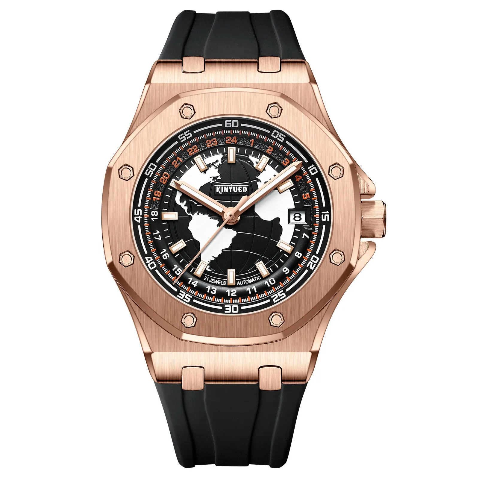 Automatic men's hollow mechanical watch with round alloy case, stainless steel strap, and mineral glass face on white background