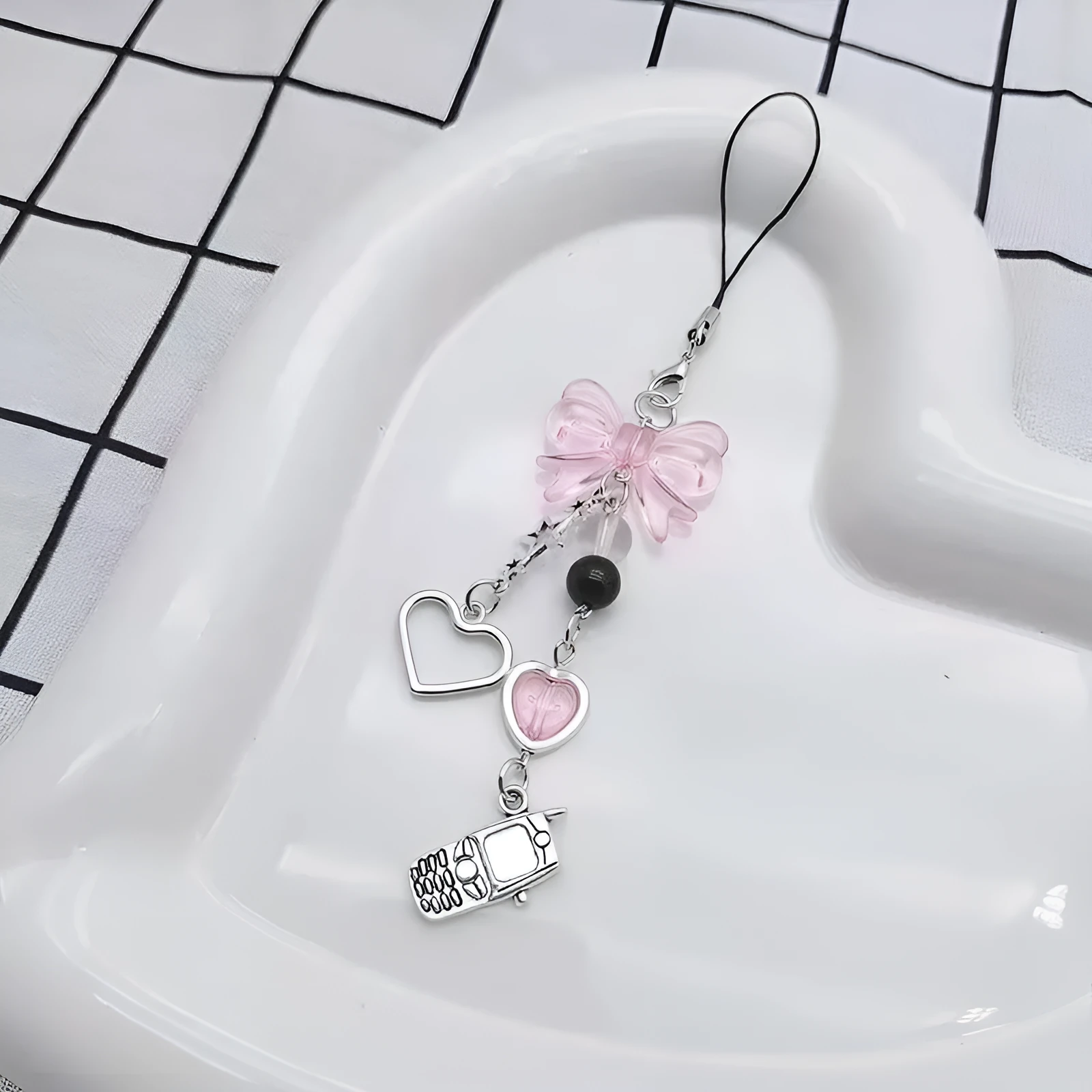 Cute alloy electroplated mobile phone charm bag chain with bear piglet pendant and bow love phone decoration
