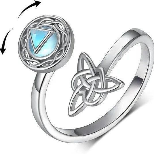 Rotating moonstone ring with adjustable opening, white gold electroplated finish, geometric circle and triangle design