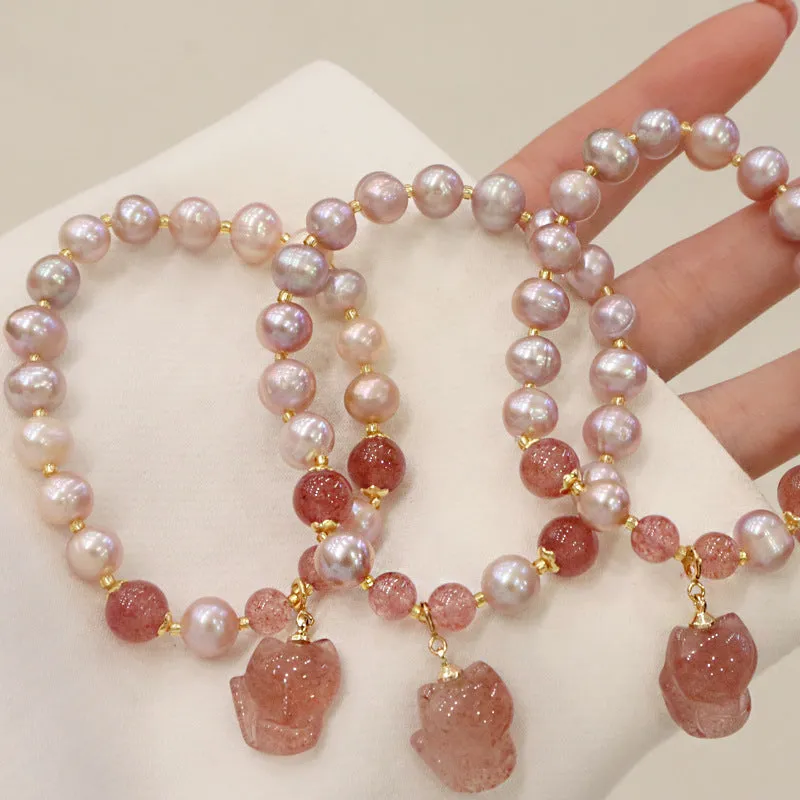 Light pink freshwater pearl bracelet with fox zodiac charm for women