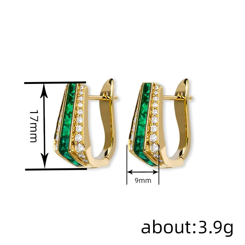 Yellow gold clip-on earrings with round and triangle faux emerald and zircon stones on copper