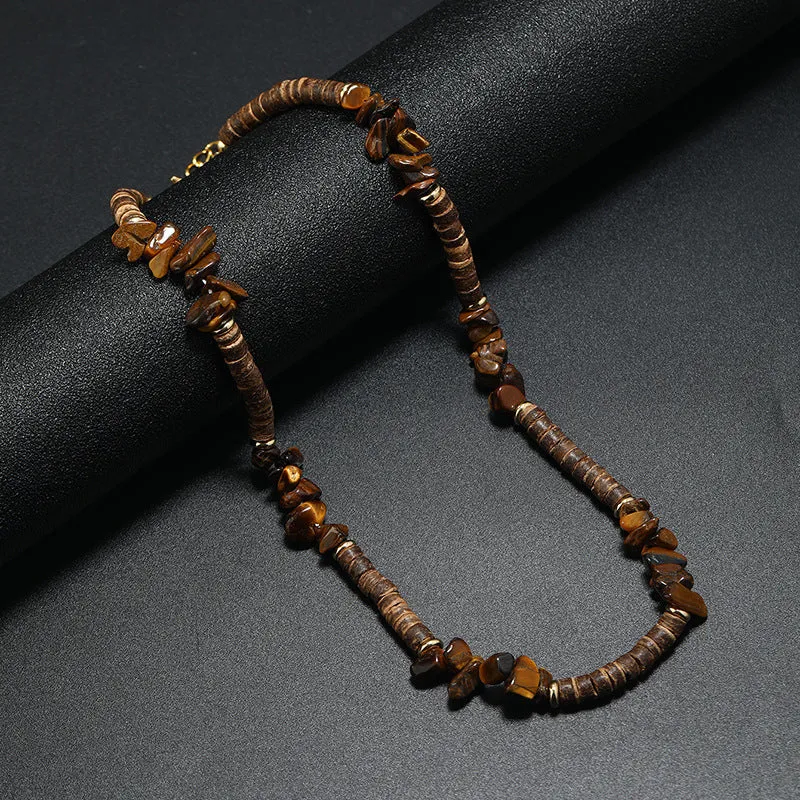 Men's bohemian turquoise coconut shell punk necklace with crystal pendant and beads on adjustable chain