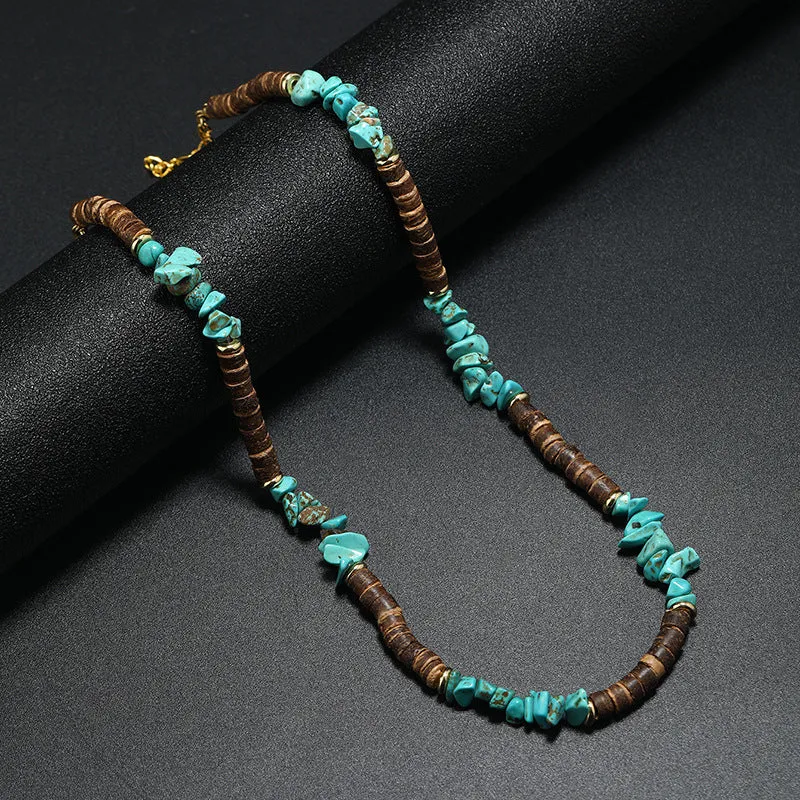 Men's bohemian turquoise coconut shell punk necklace with crystal pendant and beads on adjustable chain