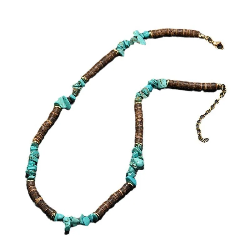 Men's bohemian turquoise coconut shell punk necklace with crystal pendant and beads on adjustable chain