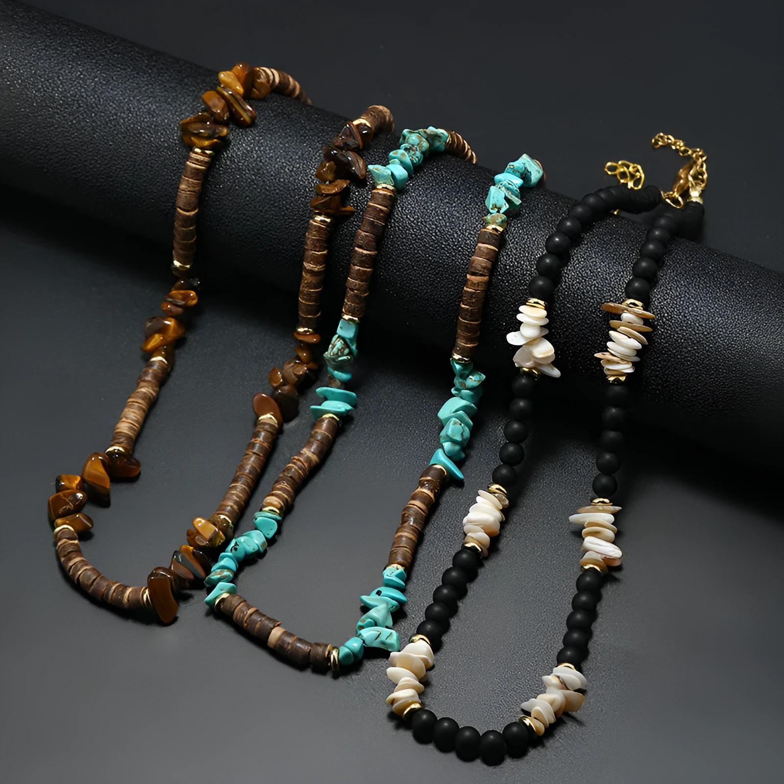 Men's bohemian turquoise coconut shell punk necklace with crystal pendant and beads on adjustable chain