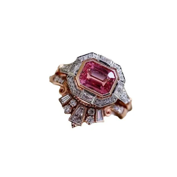 Rose gold coloured geometric alloy women's ring with a retro style on a finger.