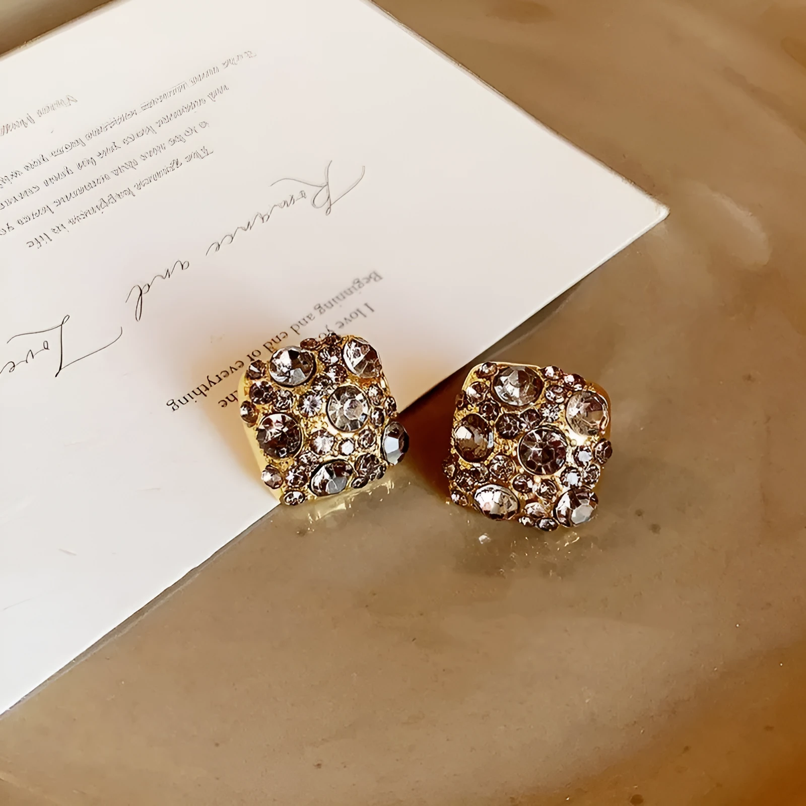 Women's alloy geometric earrings with micro inlaid zircon in chamfered square grain shape, E6449 gold finish