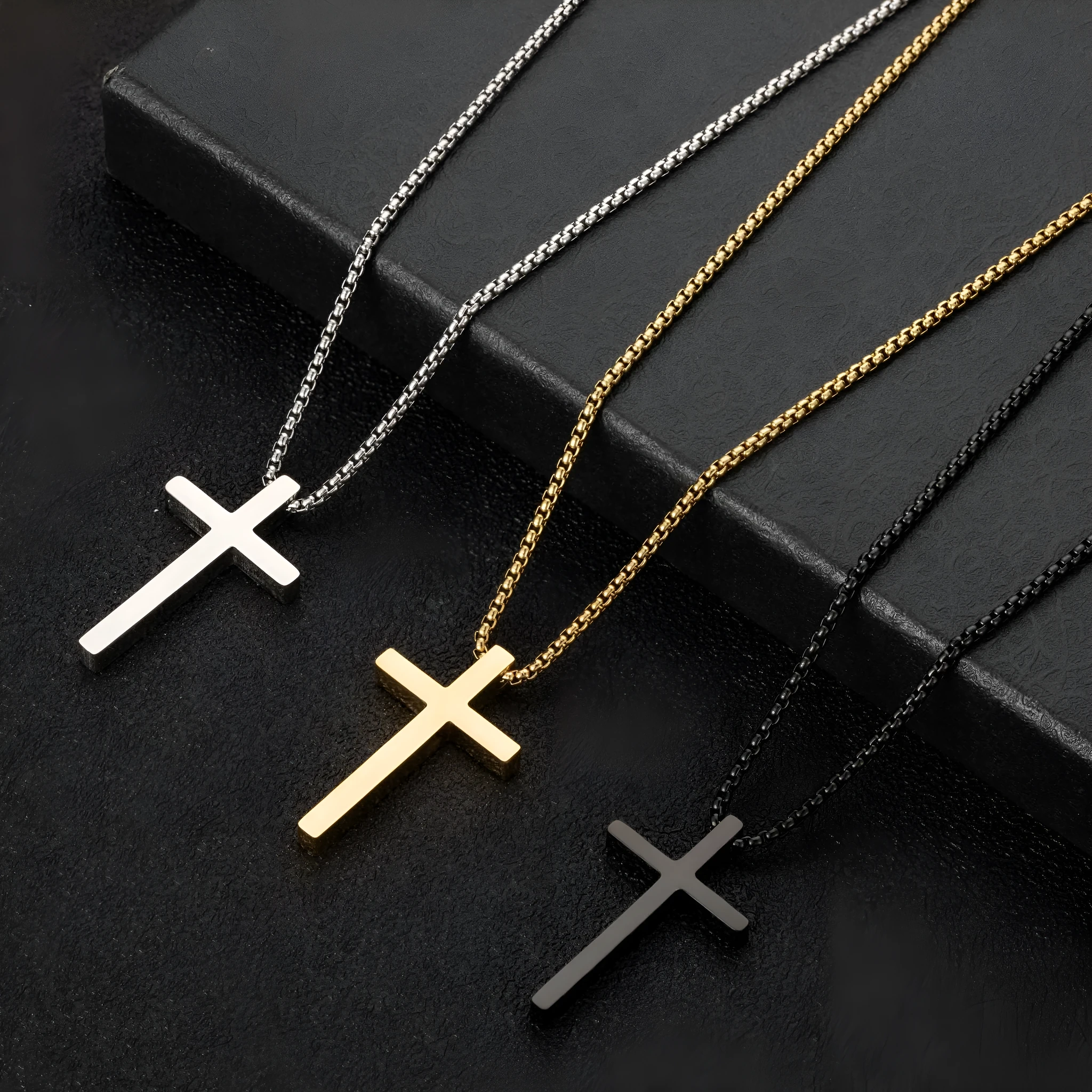 Simple box chain stainless steel necklace unisex alloy velvet band geometric shape gold electroplating finish