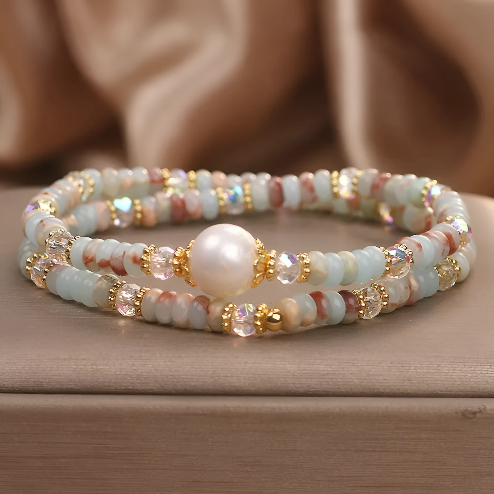Natural colour Shoushan stone double circle bracelet with crystal one pearl on white background