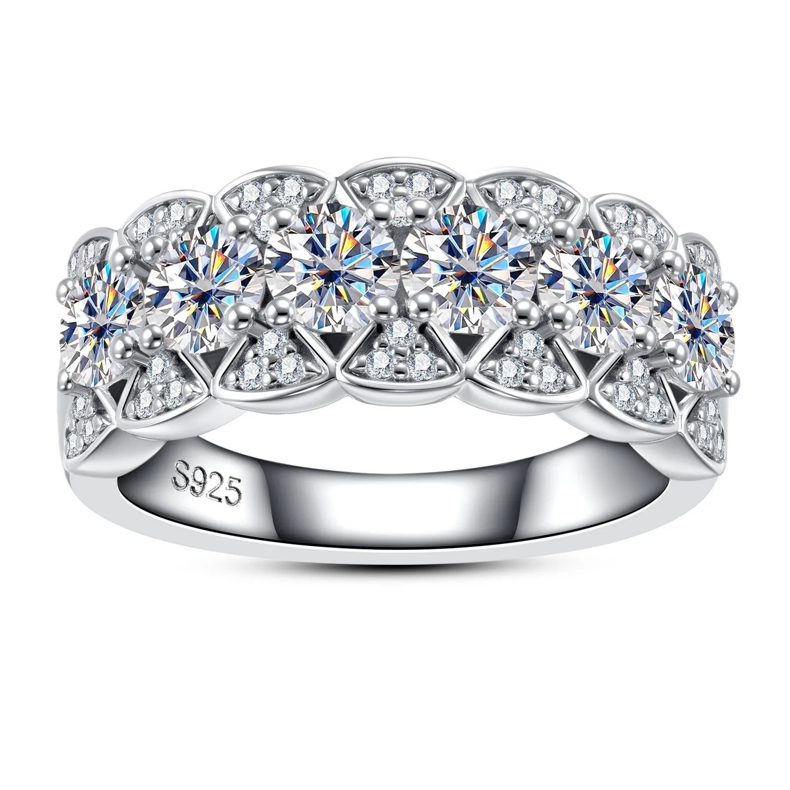 925 silver 18K gold electroplated closed ring with full moissanite and diamond stones, geometric shape, white colour