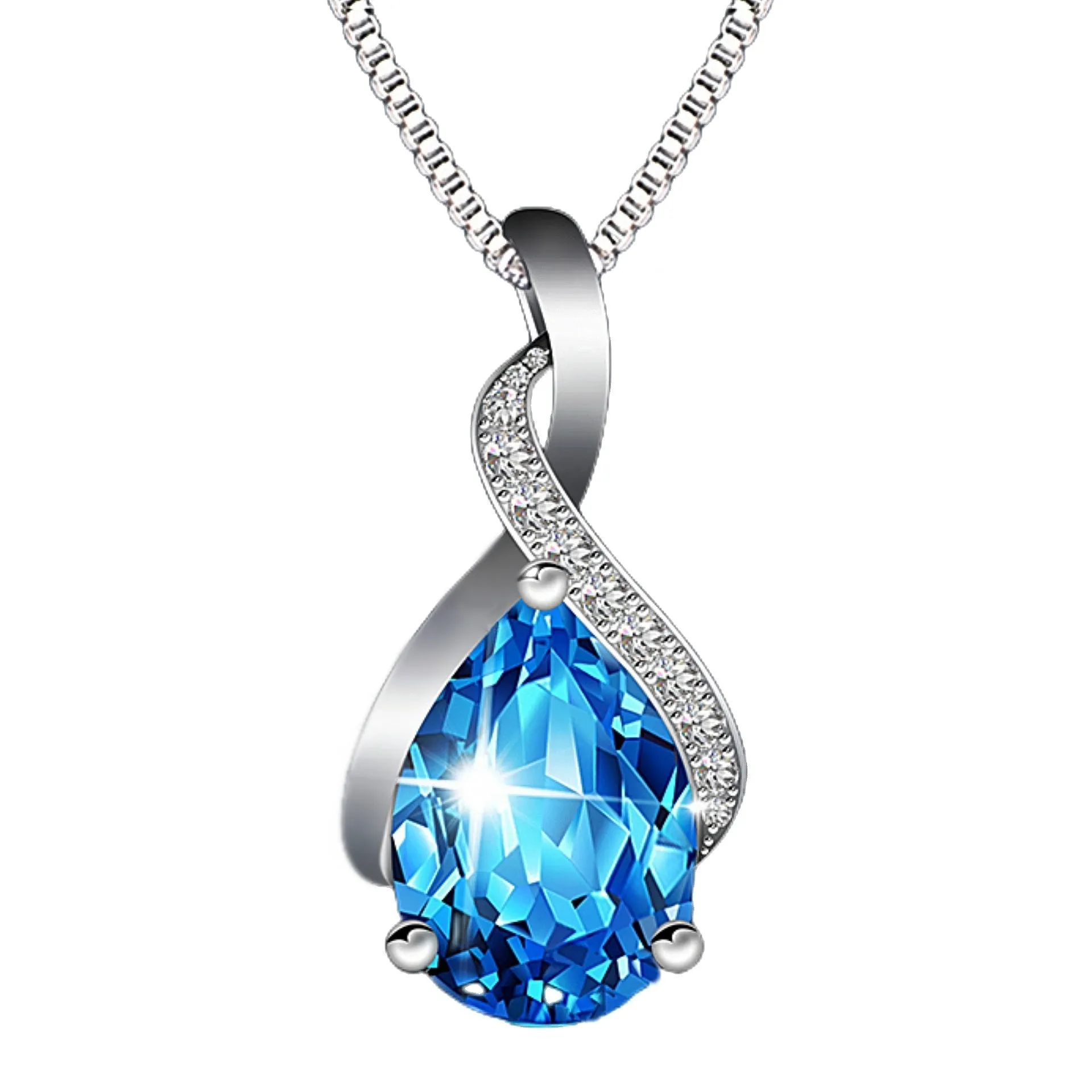 Copper drop shape pendant necklace with electroplated finish on a dark blue diamond square chain