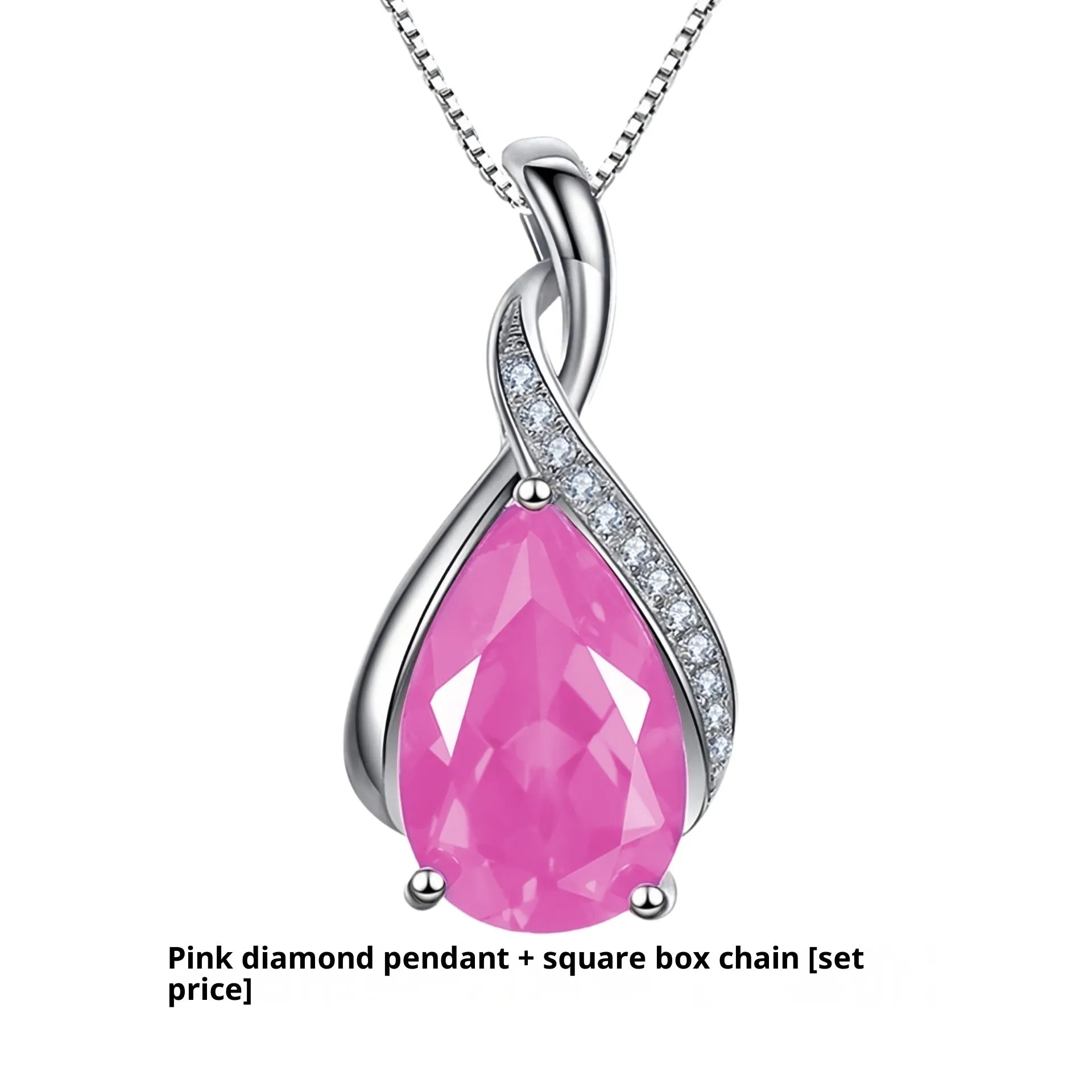 Copper drop shape pendant necklace with electroplated finish on a dark blue diamond square chain