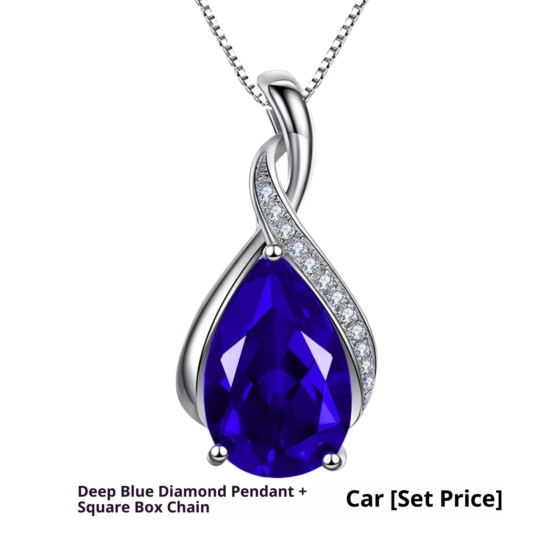 Copper drop shape pendant necklace with electroplated finish on a dark blue diamond square chain