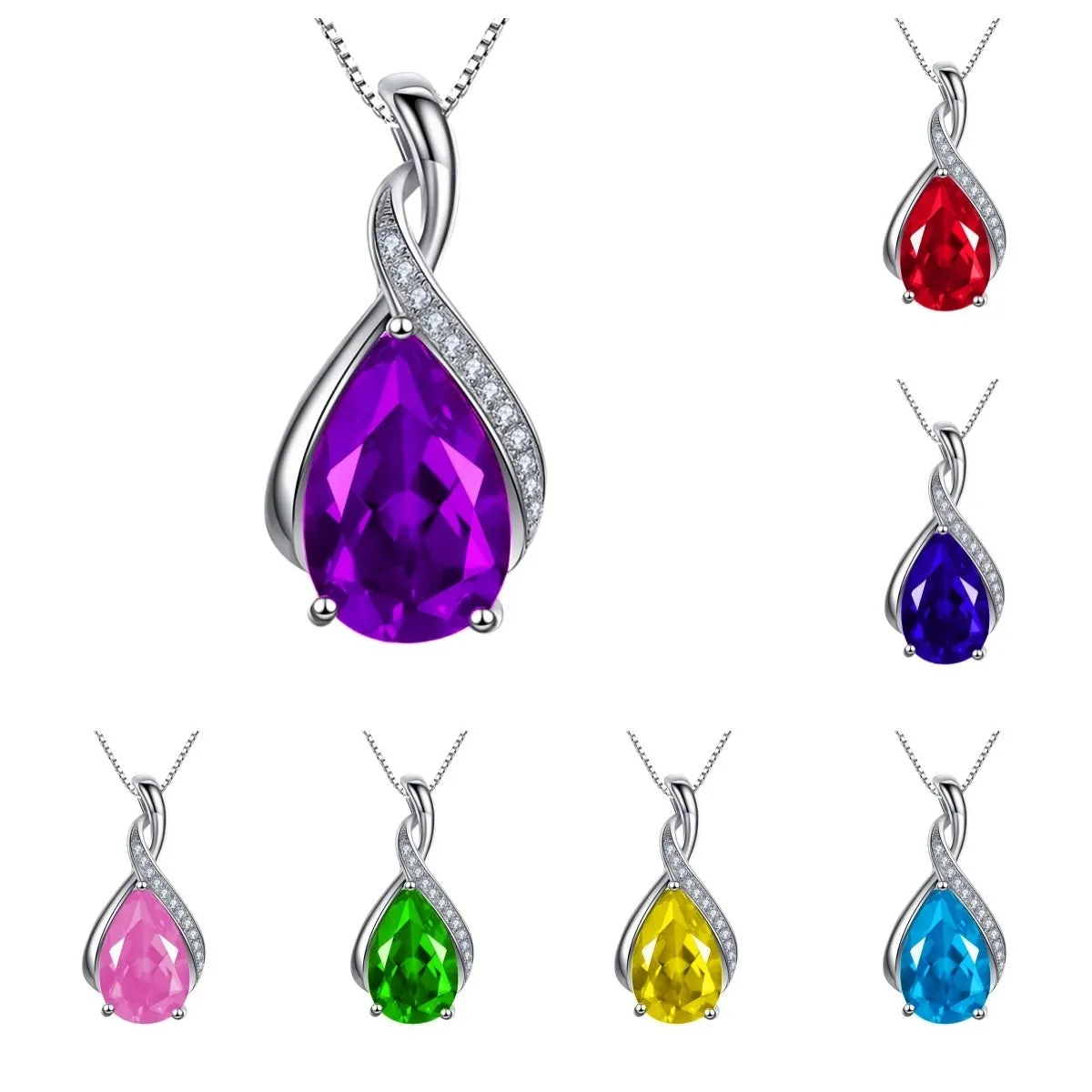 Copper drop shape pendant necklace with electroplated finish on a dark blue diamond square chain