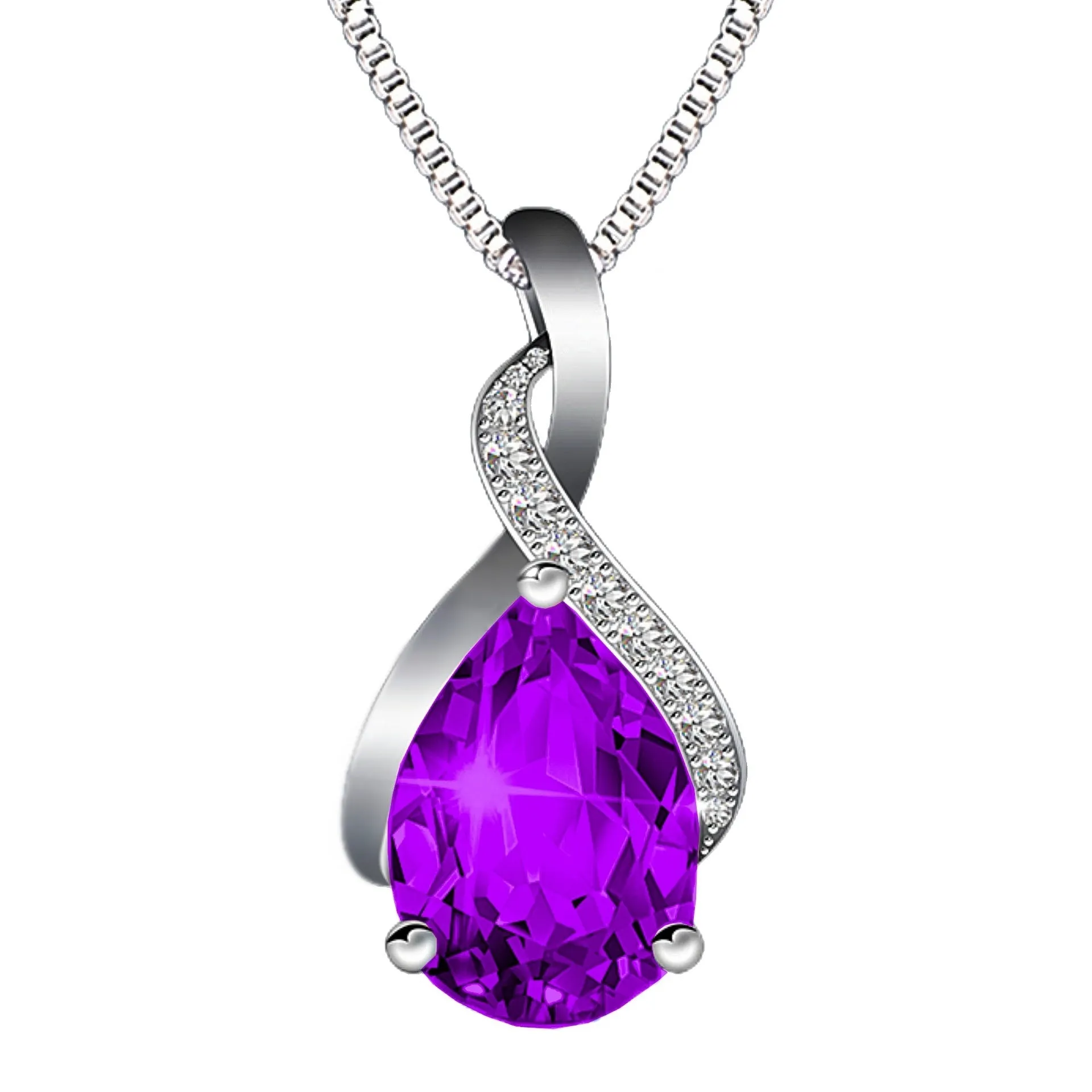 Copper drop shape pendant necklace with electroplated finish on a dark blue diamond square chain