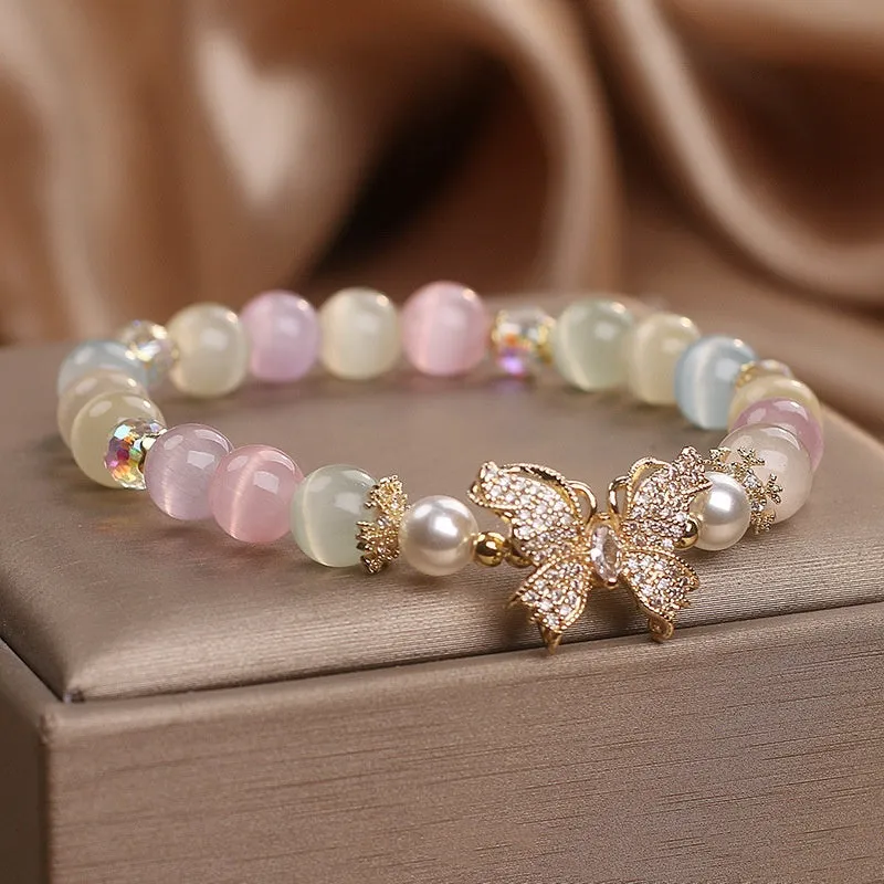 Natural stone bracelet with golden moonstone and butterfly design for women