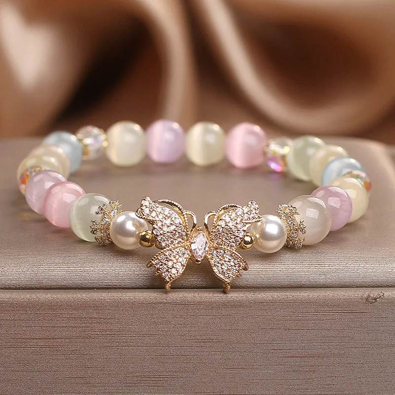 Natural stone bracelet with golden moonstone and butterfly design for women