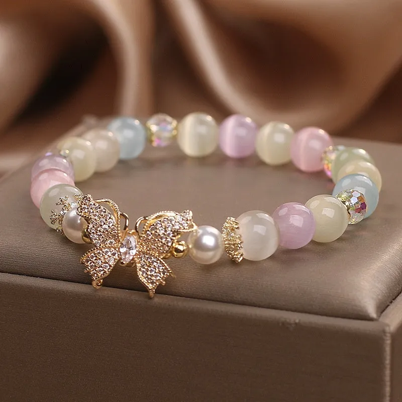Natural stone bracelet with golden moonstone and butterfly design for women