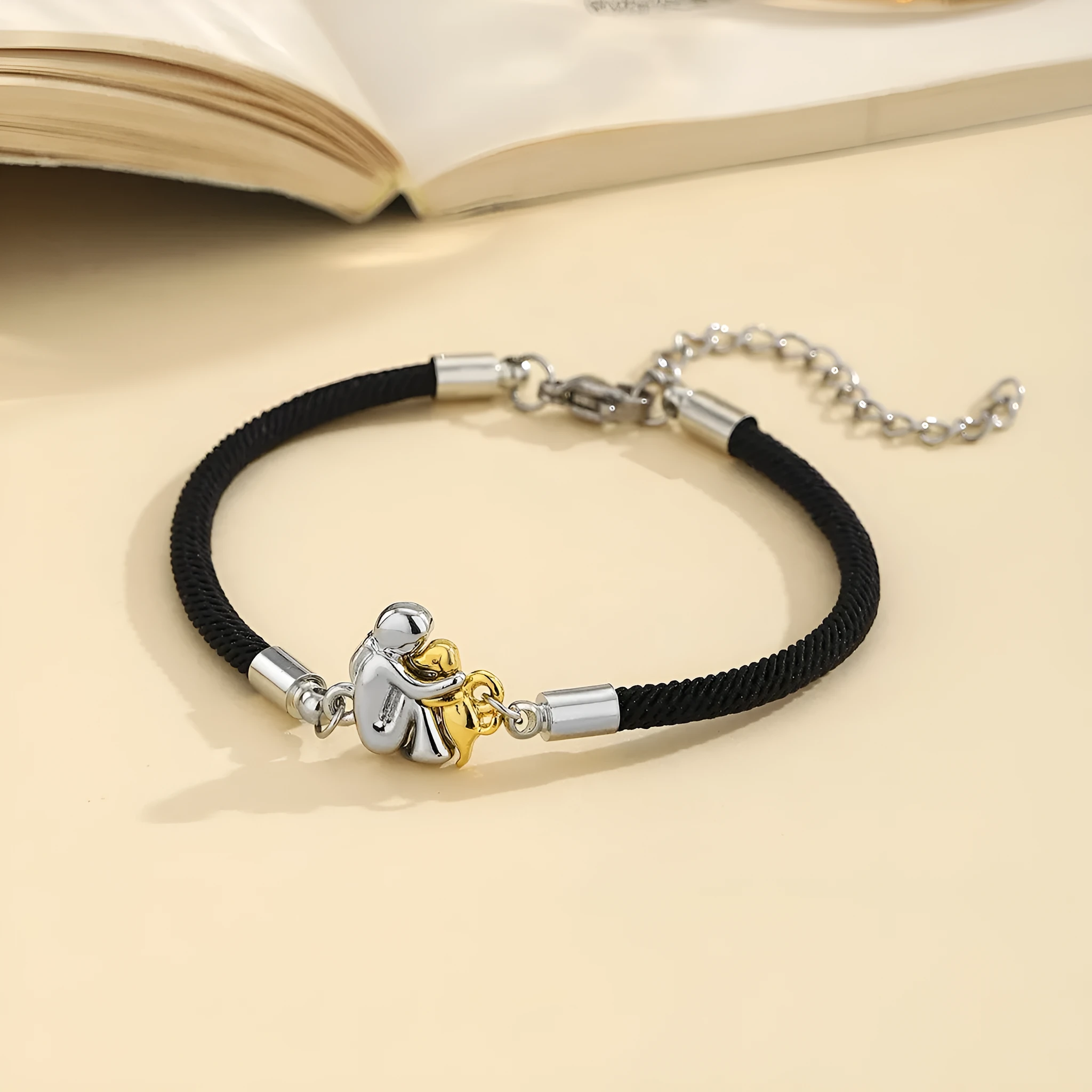 Black electroplated flexible wire woven couple bracelet with angel motif
