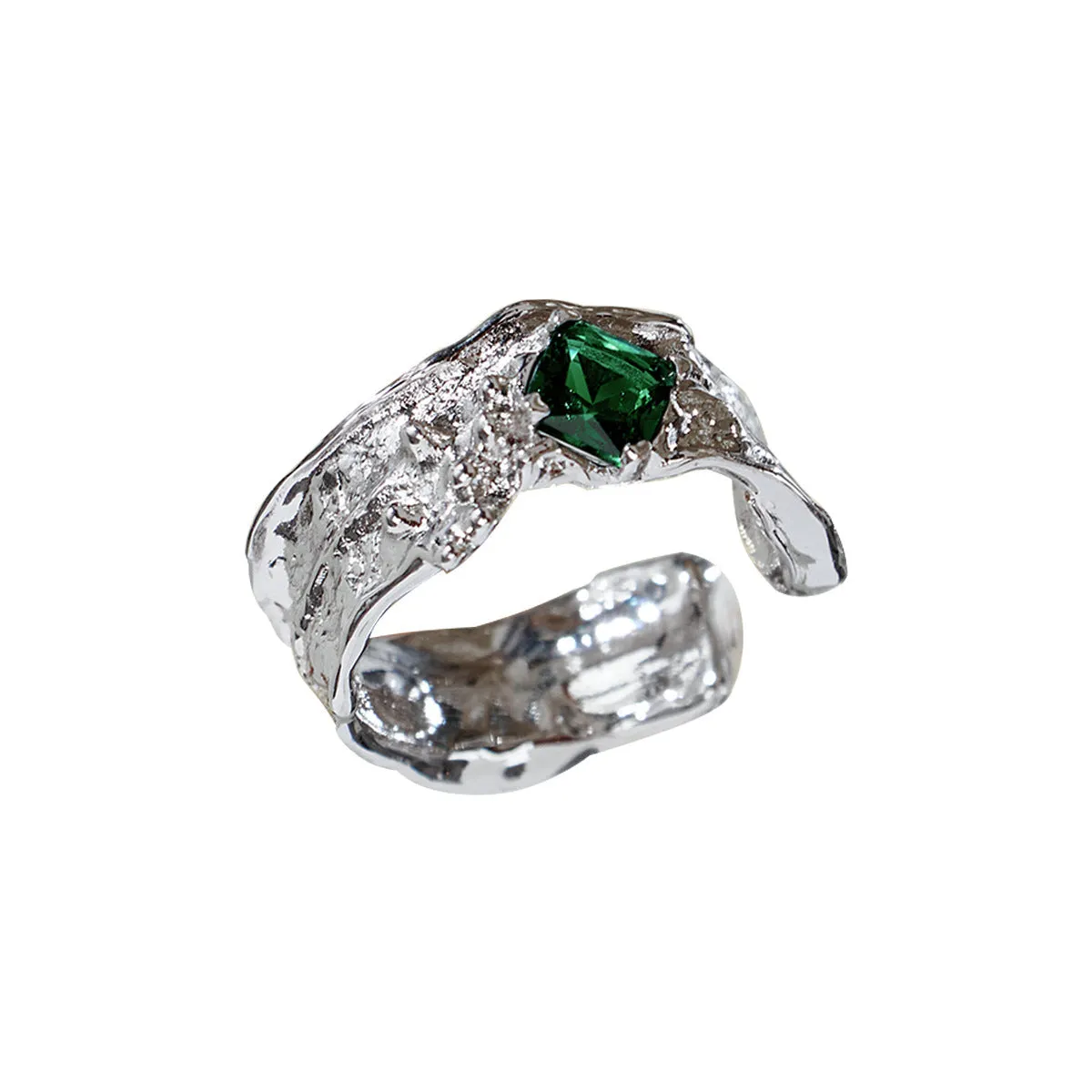 Irregular zircon ring with geometric copper base, adjustable open mouth, white golden-becarite colour