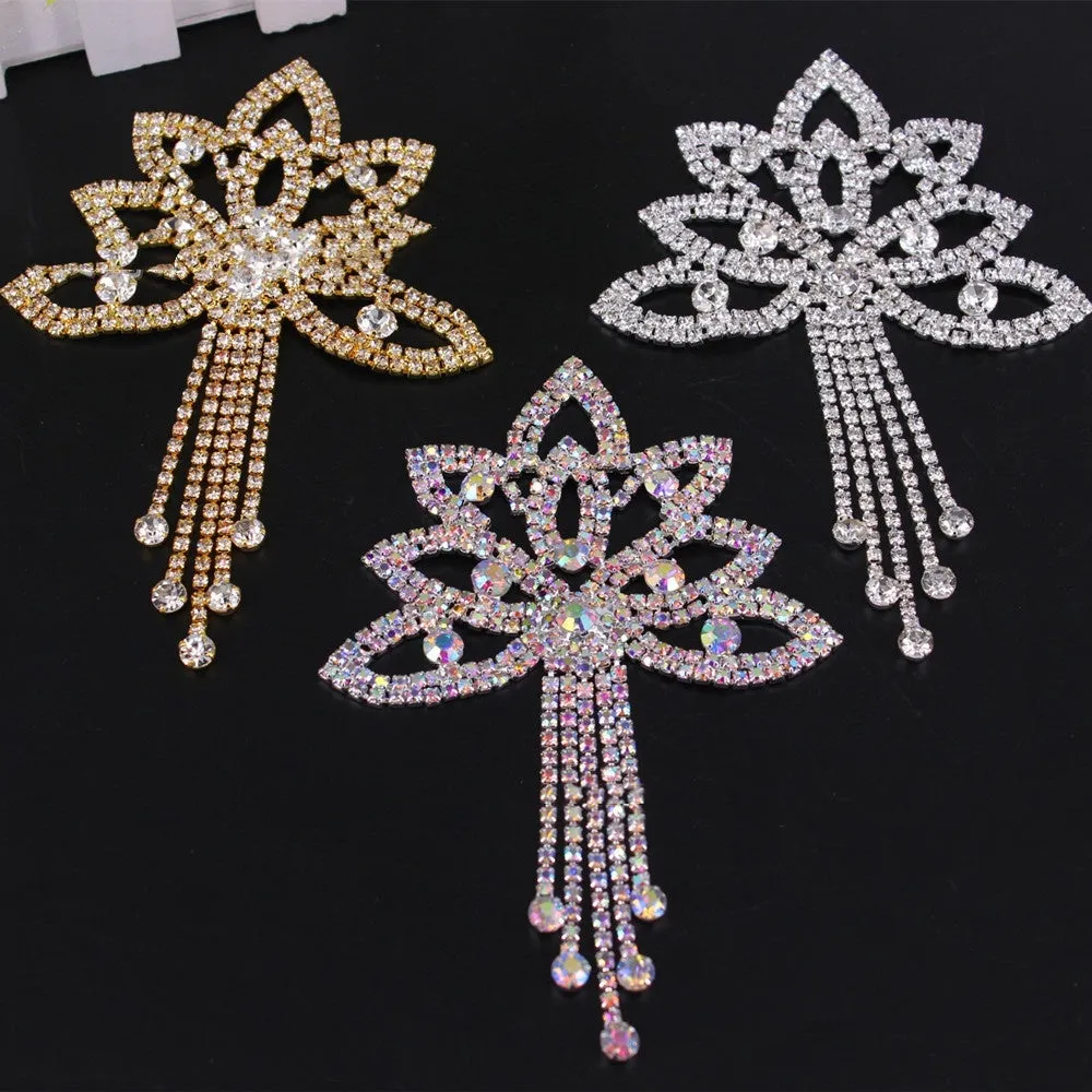 Crystal rhinestone flower applique with tassel in gold white diamond for wedding dress decoration