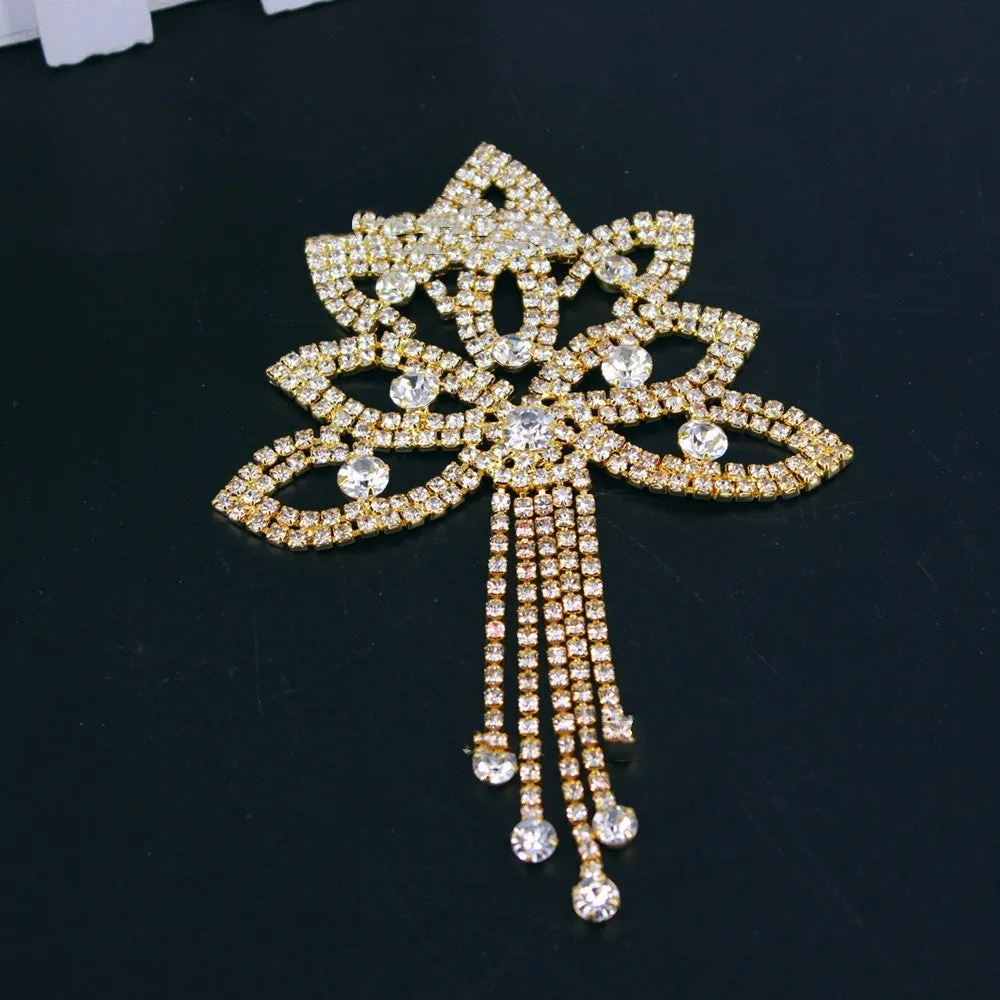 Crystal rhinestone flower applique with tassel in gold white diamond for wedding dress decoration