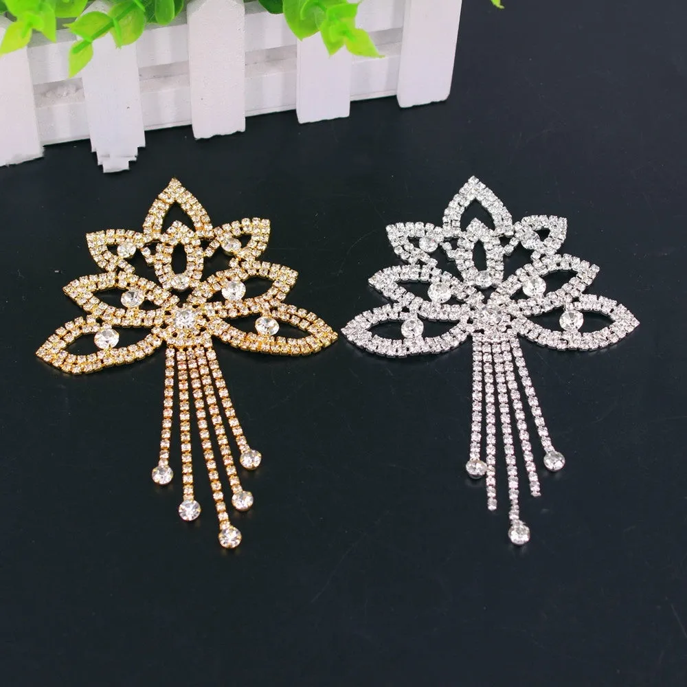 Crystal rhinestone flower applique with tassel in gold white diamond for wedding dress decoration