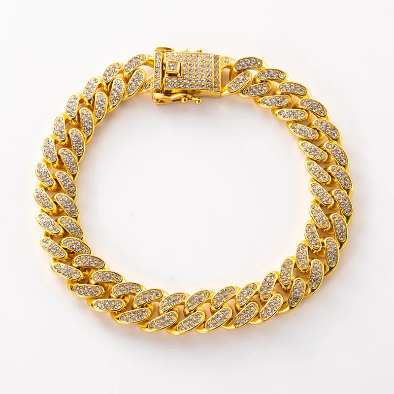 Gold alloy hip hop necklace with geometric pendant and Cuban link chain on dark background