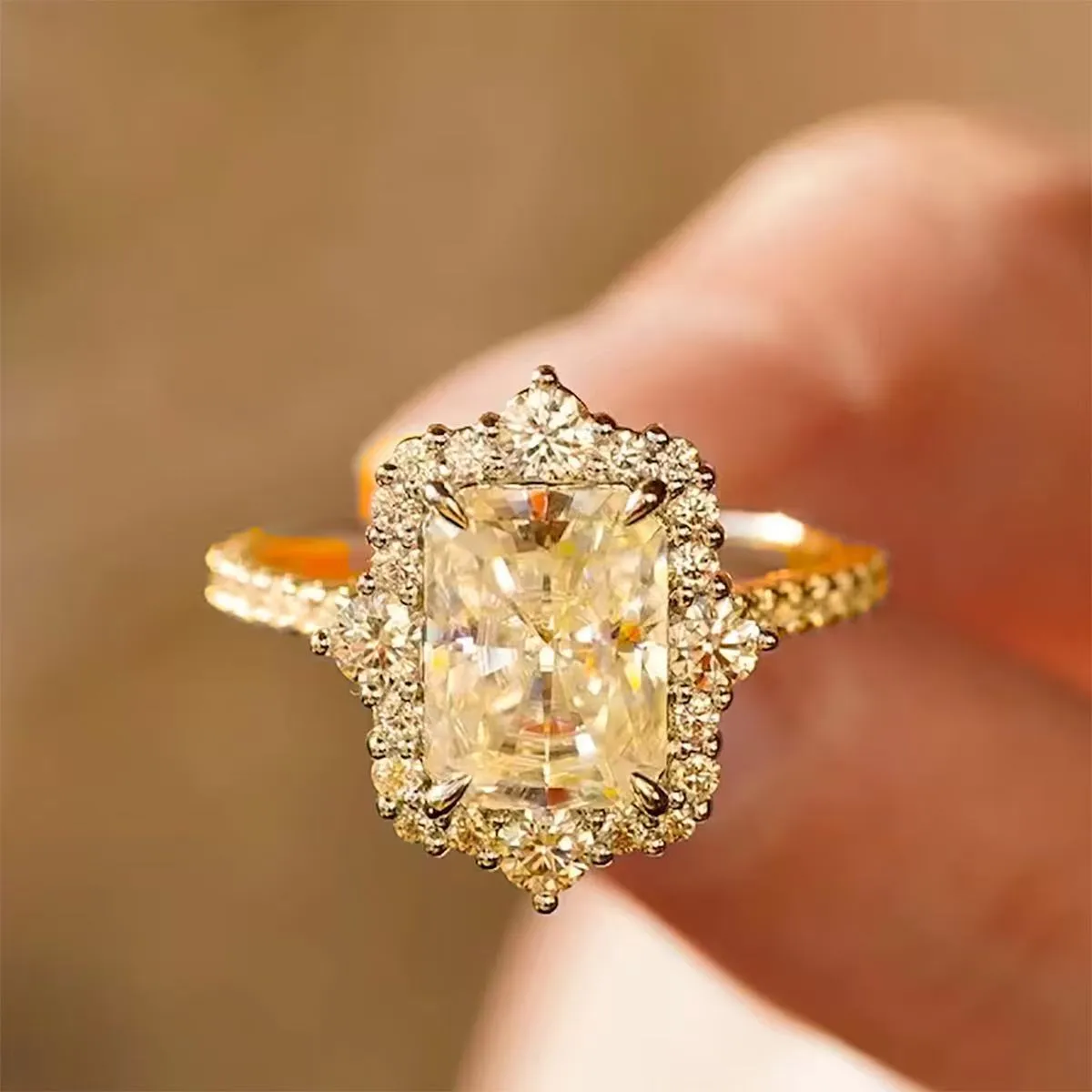 Rectangular copper ring with electroplated white gold finish on display