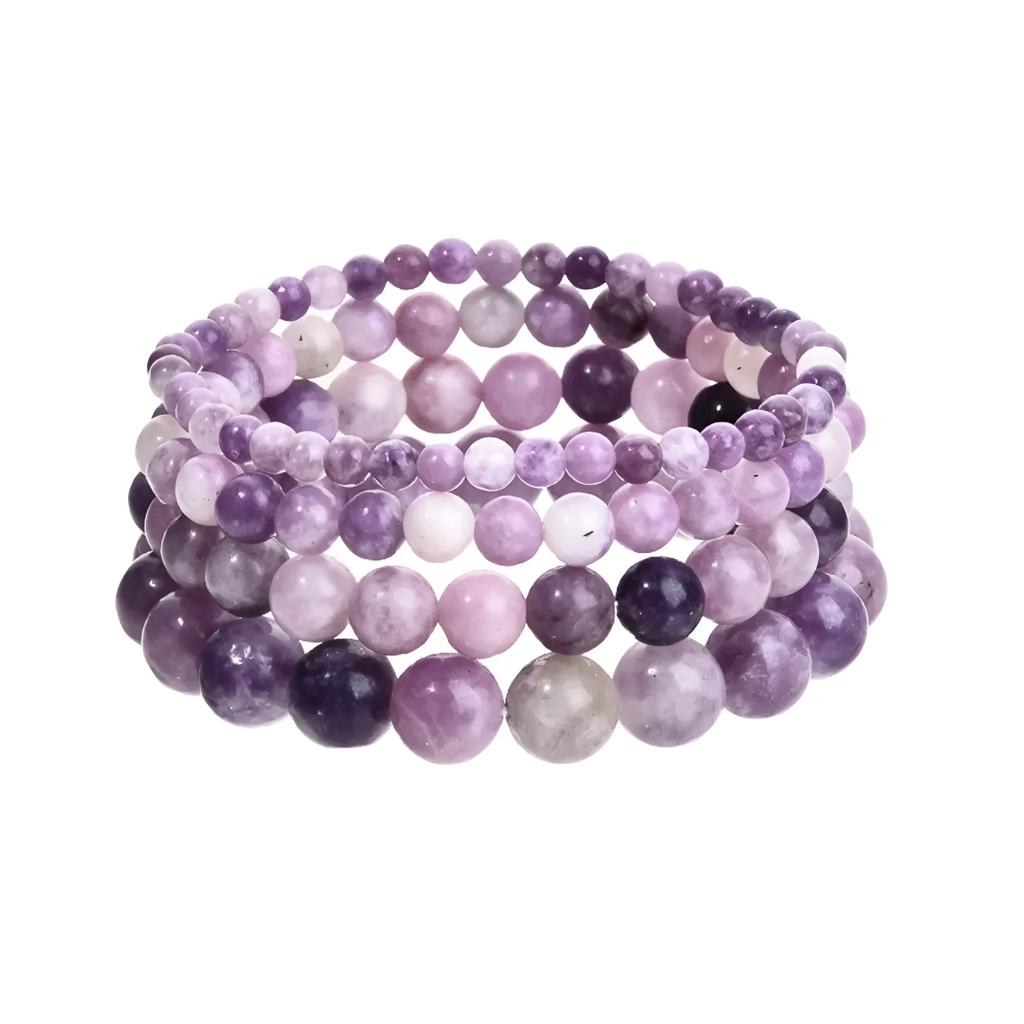 Purple geometric stone bead elastic bracelet showing four size options from 4MM to 10MM diameter.