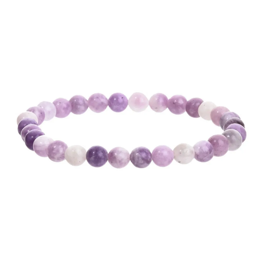 Purple geometric stone bead elastic bracelet showing four size options from 4MM to 10MM diameter.