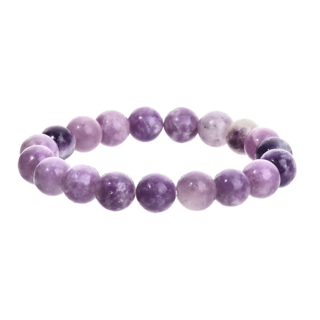 Purple geometric stone bead elastic bracelet showing four size options from 4MM to 10MM diameter.