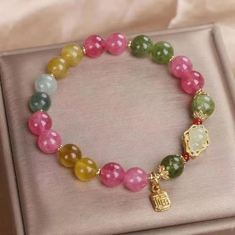 Women's bracelet with colourful tourmaline beads and electroplated gourd blessing card and flower charms