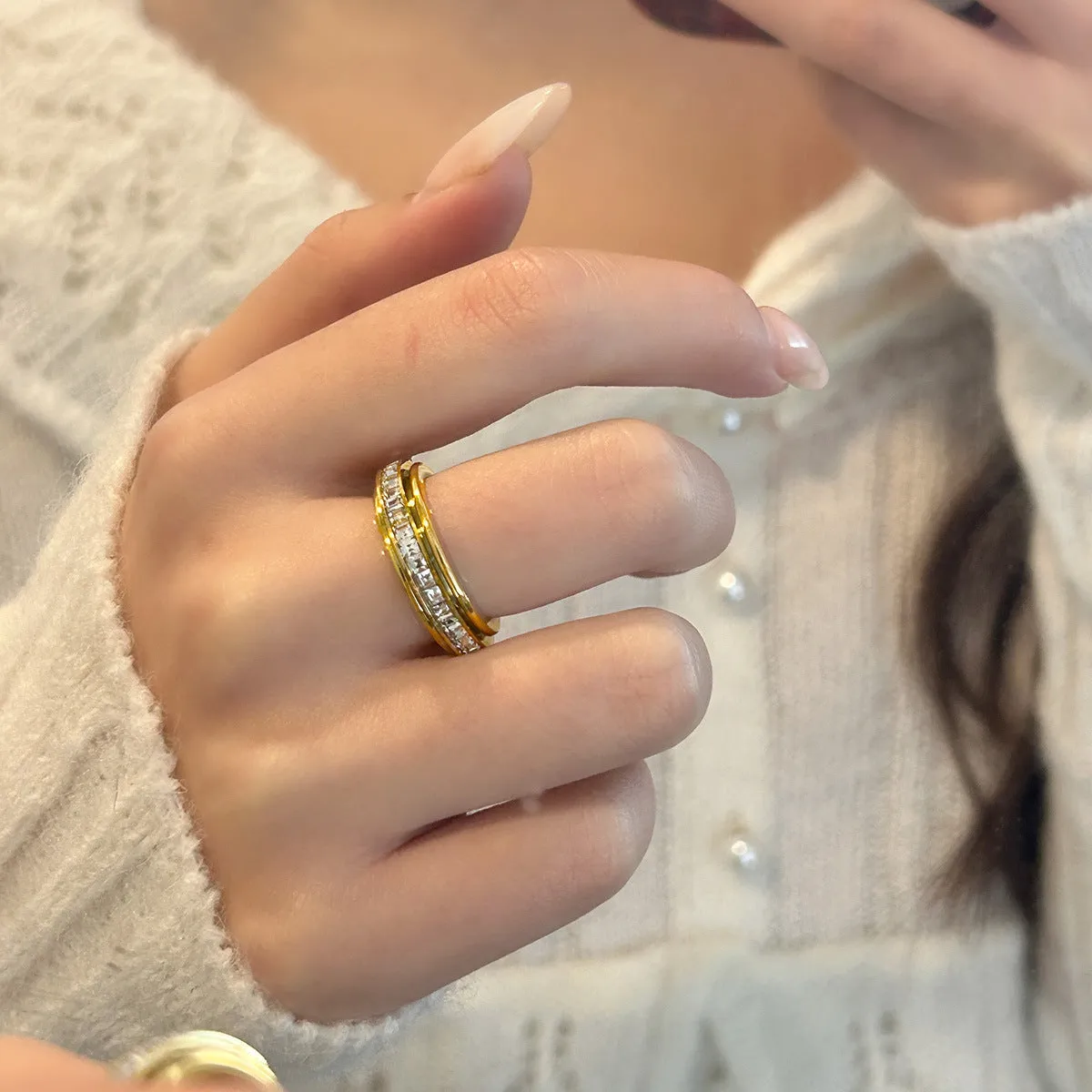 Titanium steel rotatable ring with starry sky geometric pattern in gold colour, unisex style