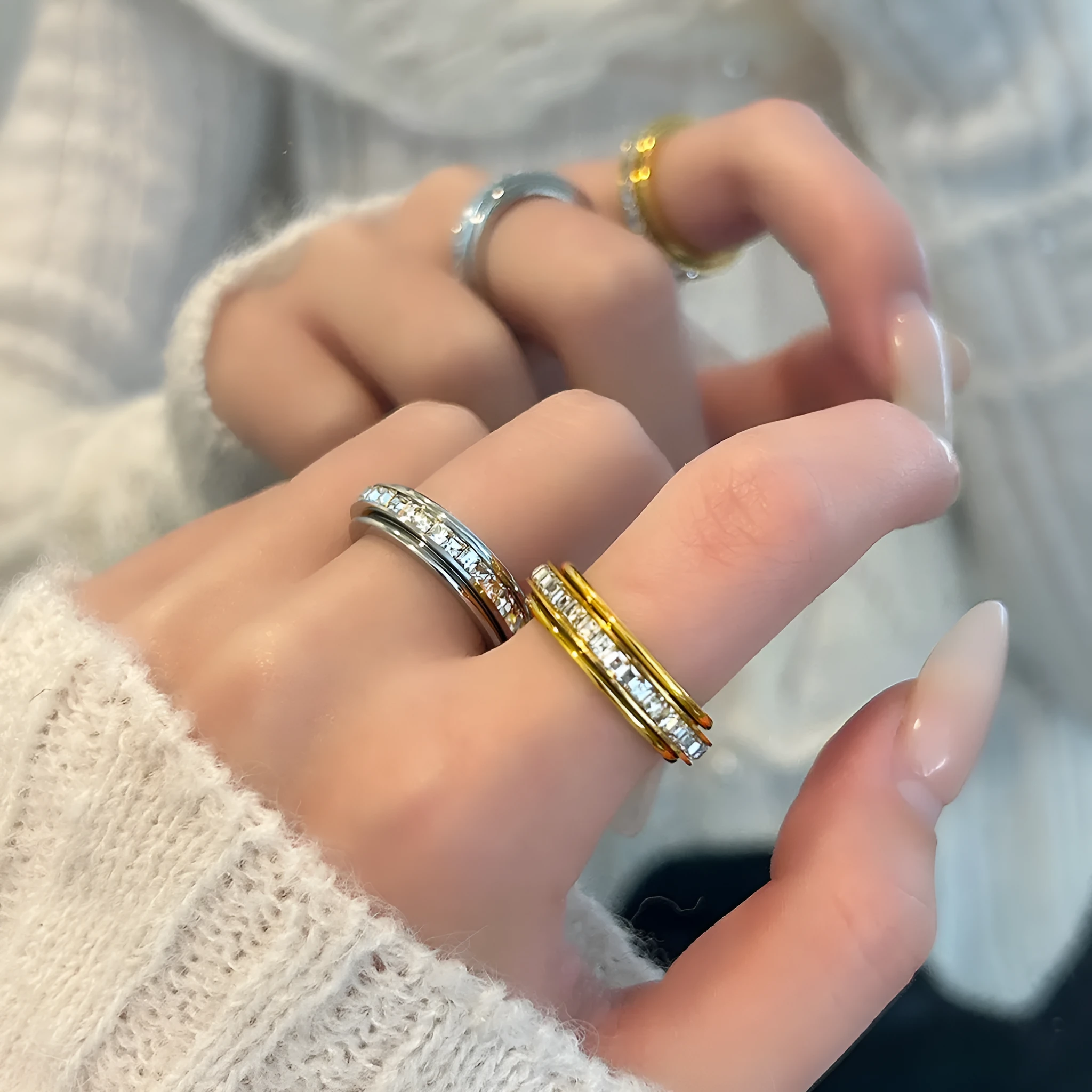 Titanium steel rotatable ring with starry sky geometric pattern in gold colour, unisex style
