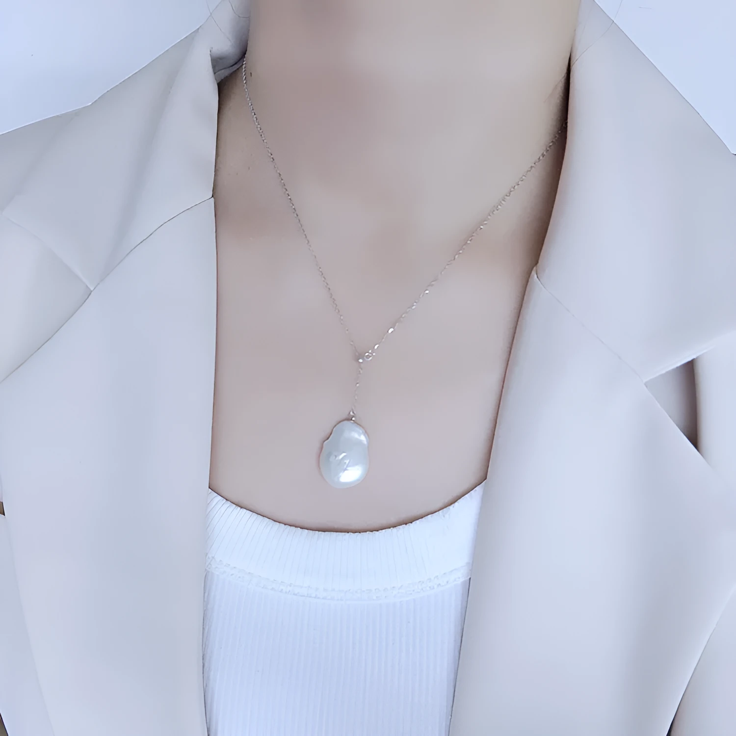 Freshwater pearl shaped baroque pendant on 925 sterling silver button necklace, natural water flow style, silver colour