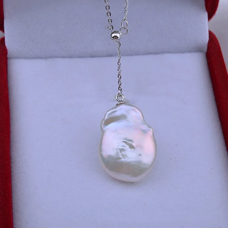 Freshwater pearl shaped baroque pendant on 925 sterling silver button necklace, natural water flow style, silver colour
