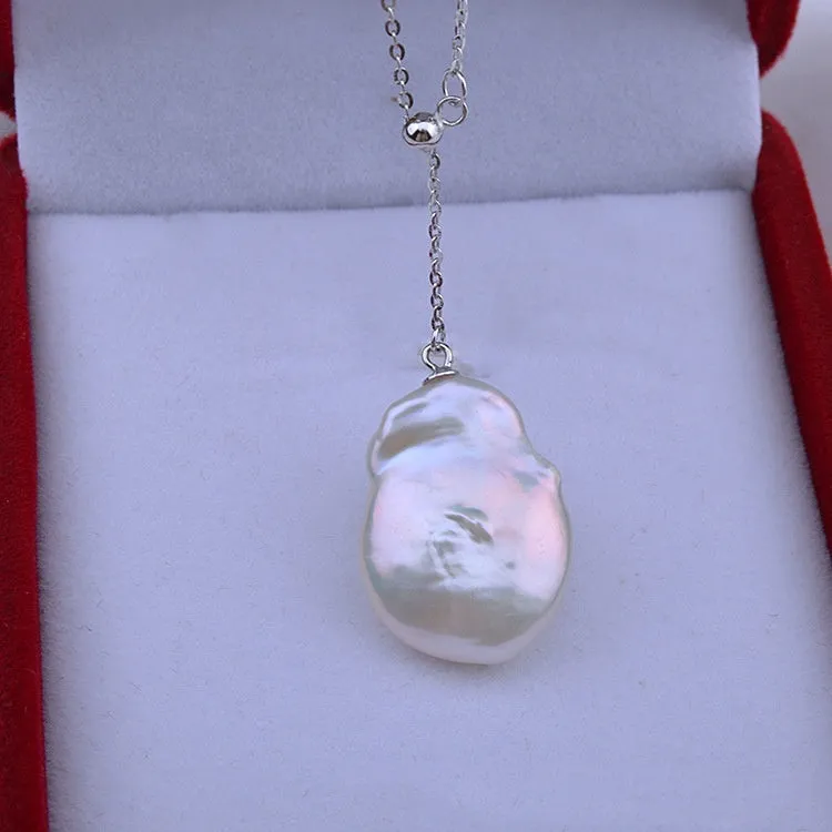 Freshwater pearl shaped baroque pendant on 925 sterling silver button necklace, natural water flow style, silver colour