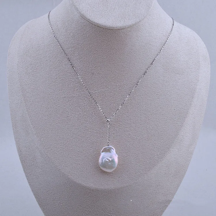 Freshwater pearl shaped baroque pendant on 925 sterling silver button necklace, natural water flow style, silver colour