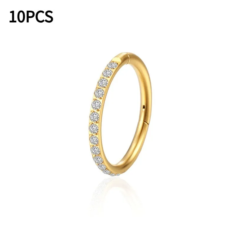 Implanted titanium alloy seamless round nose ring with inlaid zircon stone, 1.2x12mm, Diamond Gold colour