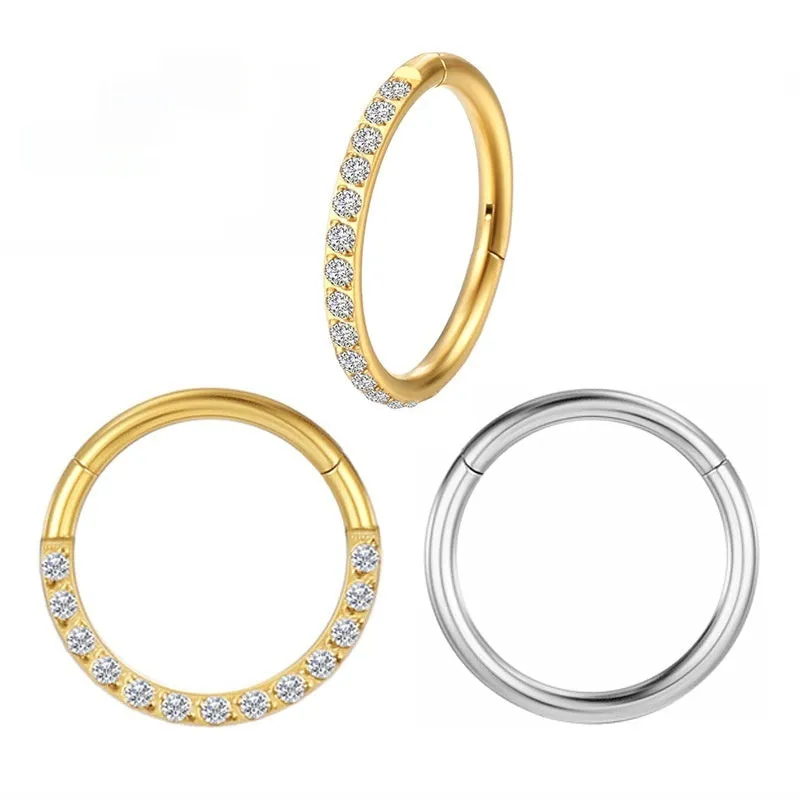 Implanted titanium alloy seamless round nose ring with inlaid zircon stone, 1.2x12mm, Diamond Gold colour