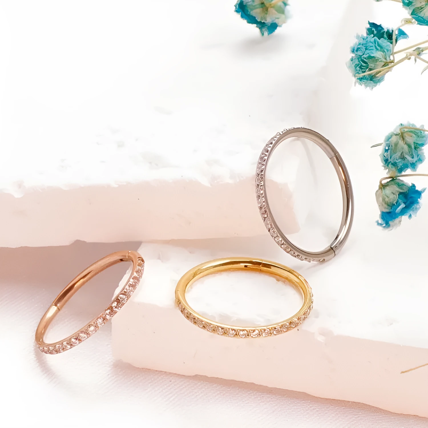 Implanted titanium alloy seamless round nose ring with inlaid zircon stone, 1.2x12mm, Diamond Gold colour
