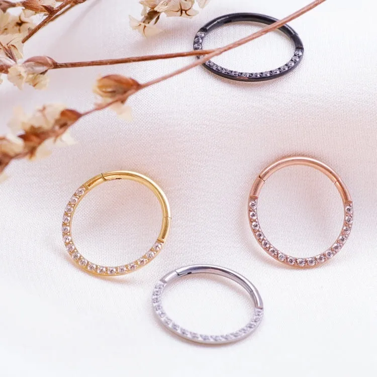 Implanted titanium alloy seamless round nose ring with inlaid zircon stone, 1.2x12mm, Diamond Gold colour