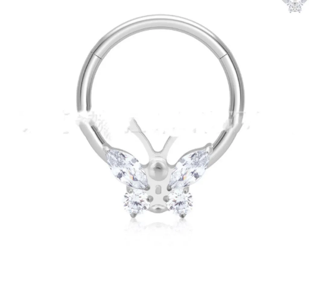 Titanium alloy labret nose ring with inlaid butterfly zircon on a closed ring stud, gold white colour, unisex bow shape