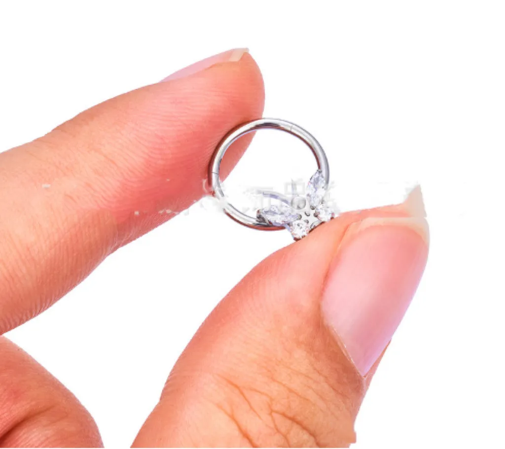 Titanium alloy labret nose ring with inlaid butterfly zircon on a closed ring stud, gold white colour, unisex bow shape